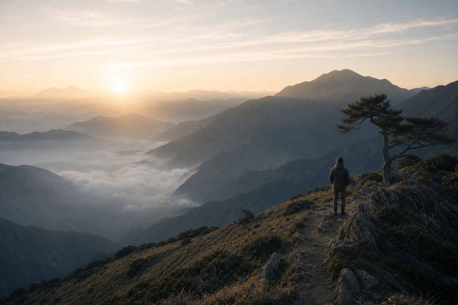 晨光穿過層疊山谷，一個人站在山徑與松樹之間眺望遠方